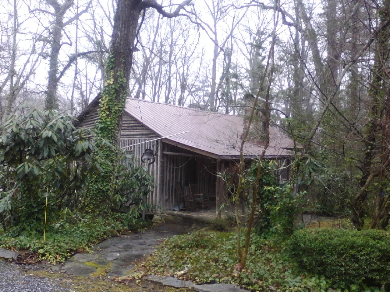 Weathered metal roof on an old board sided cabin in the woods in Wilkesboro