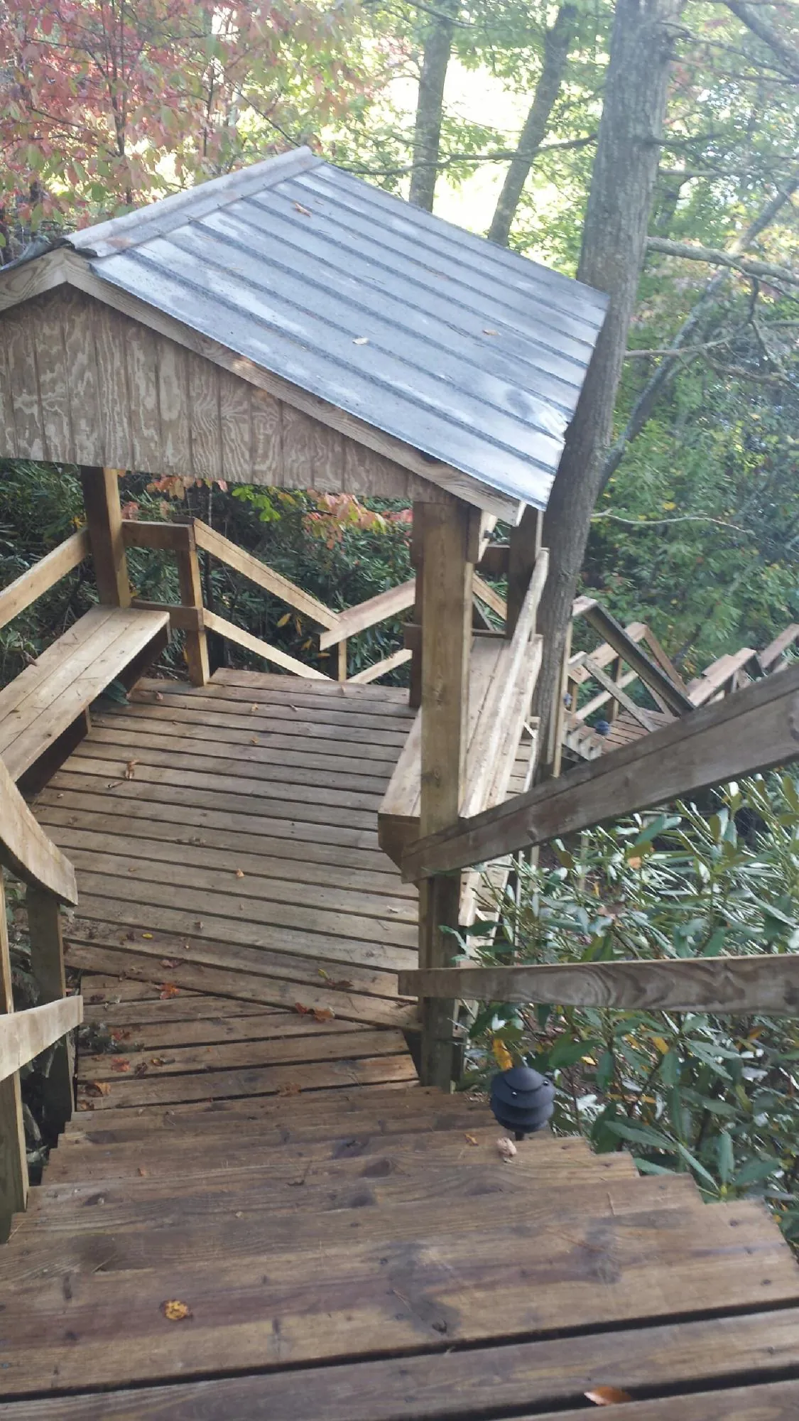 Metal roofed shelter over wooden steps on a wooded walkway — Skylight Repair & Installation work by our crew in Wilkesboro